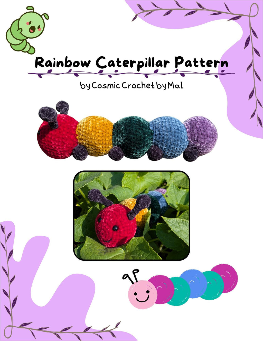 Hungry Rainbow Caterpillar Crochet Pattern - Stuffed Animal and Snuggle Buddy - Chenille Yarn